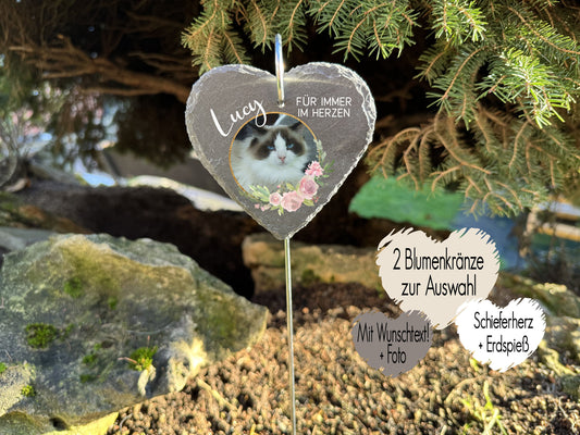 Grabstecker aus Schiefer in Herzform | Grabschmuck mit eigenem Foto und Rosa Blumen