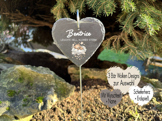 Grabstecker aus Schiefer in Herzform | Grabschmuck Bär mit Wolke
