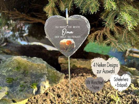 Grabstecker aus Schiefer in Herzform | Grabschmuck Nelken Motiv
