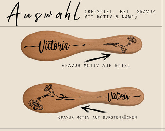 Babyhaarbürste aus Holz personalisiert mit Name Monatsblume Gravur Babybürste Geschenk für Babys zur Taufe Geburt Geburtsblume Monatsblume