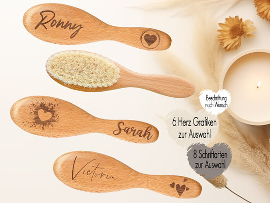 Babyhaarbürste aus Holz personalisiert mit Name + Monatsblume | Lasergravur | Geschenk zur Taufe, Geburt | Babybürste mit Namen Herzen Splash Love you Heart Fineline