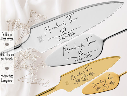 Tortenheber inkl. Tortenmesser im Set personalisiert | Gravur Wunschtext | Geschenk zur Hochzeit | Jahrestag | Namen Herz Gold o. Silber Herz Border Love Liebe Fineline Handschrift Heute für immer | Du und ich ein Leben lang Für frisch Verheiratete