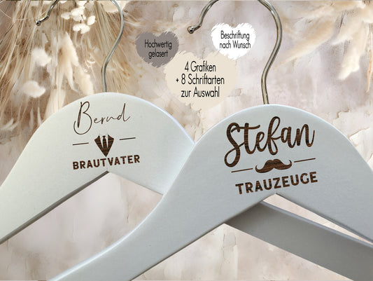 Kleiderbügel Holz personalisiert mit Name + Grafik | Kleiderbügel Hochzeit Bräutigam Trauzeuge Brautvater | Gastgeschenk Geschenkidee Schnurrbart Anzug Hemd Fliege