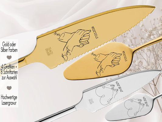 Tortenheber inkl. Tortenmesser im Set personalisiert | Gravur Wunschtext | Geschenk zur Hochzeit | Jahrestag | Hände Love | Händchenhaltend | Forever together | Hand in Hand Gold o. Silber | you and me Ein Leben lang an deiner Seite | Für immer