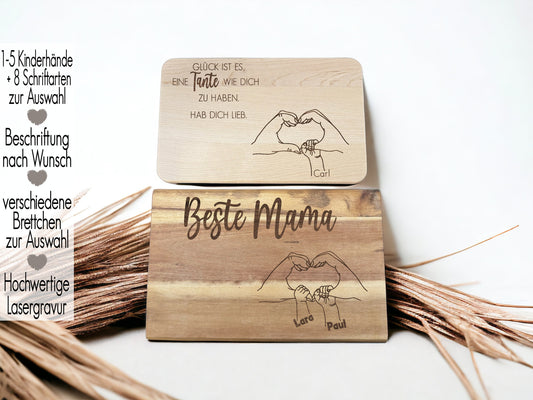 Holzbrett personalisiert Mama Geschenk | Kinderhand Herz mit Namen | Schneidebrett Lasergravur | Oma Tante | Vesperbrett Muttertag | Geschenkidee Geburtstag | Glück ist es, eine Tante wie dich zu haben | Beste Mama Kinder Liebe für immer