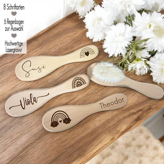 Babyhaarbürste aus Holz personalisiert mit Name + Regenbogen | Lasergravur | Geschenk zur Taufe, Geburt | Babybürste mit Namen Rainbow Wolke Herzen Stern Regenbogenbaby