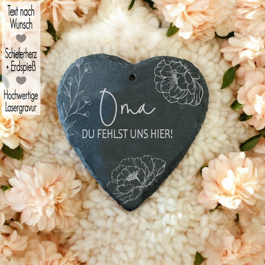 Grabschmuck mit Gravur | Schieferherz Grabstecker Wunschtext m Erdspieß | Gedenktafel Trauerdeko | Trauergeschenk Oma Mama Opa Papa | Blumen