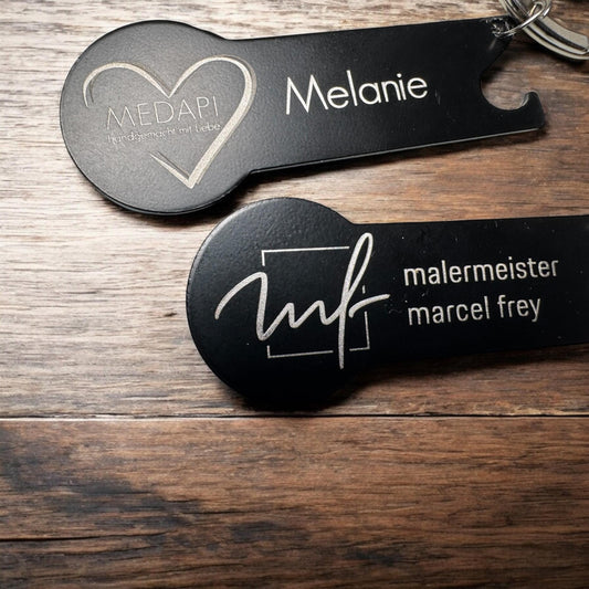 Einkaufswagenlöser Metall + Flaschenöffner mit Logo I Einkaufswagenchip I Schlüsselanhänger Einkaufschip Gravur I Geschenkidee Firma Verein