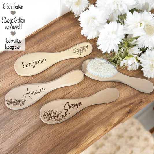Babyhaarbürste aus Holz personalisiert mit Name + Grafik | Lasergravur | Geschenk zur Taufe, Geburt | Babybürste mit Namen Blätter Zweige Eucalyptus Taufgeschenk Geburtsgeschenk Babygeschenk Holzbürste Rustikal Boho Babygeschenk Newborn