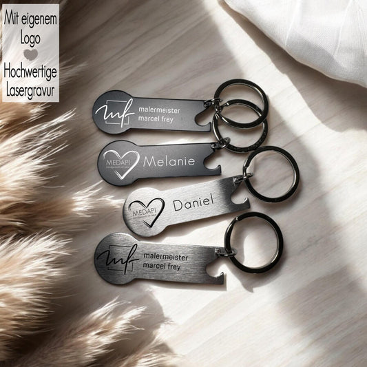 Einkaufswagenlöser Metall + Flaschenöffner mit Logo I Einkaufswagenchip I Schlüsselanhänger Einkaufschip Gravur I Geschenkidee Firma Verein | Firmengeschenk Mitarbeiter Geschenk Give away | mit Logo Gravur | Kunden Danke