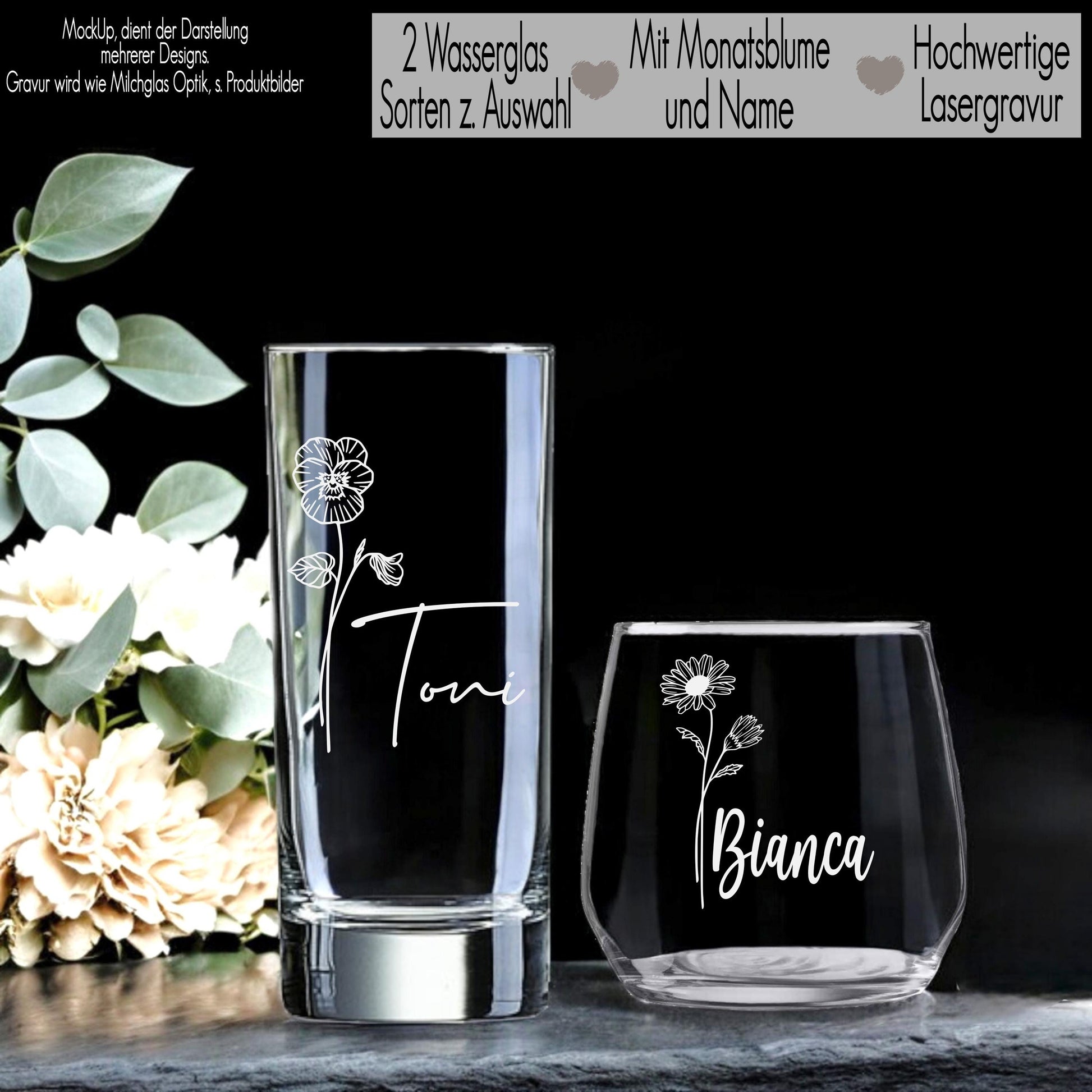 Trinkglas mit Gravur personalisiert Geburtsblume Flower Wasserglas Geschenkidee Freundin Geschenk Frauen Mama Geburtstag Hochzeit Erzieherin Glas mit Name und Blume Floral Geschenk für Erzieherin Geschenk Trauzeugin Mama Geschenkidee Beste Oma Danke sagen