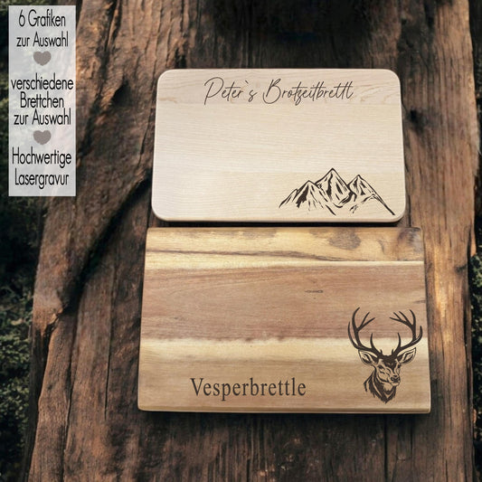 Brotzeitbrett Berge Natur personalisiert | Holzbrett Schneidebrett Frühstücksbrettchen graviert | Vesperbrett Geschenkidee Vatertag Männer | Geschenkidee Herren Mann | Rustikal | Vatertag Weihnachten Geburtstag | Hirsch Hirschkopf Kompass