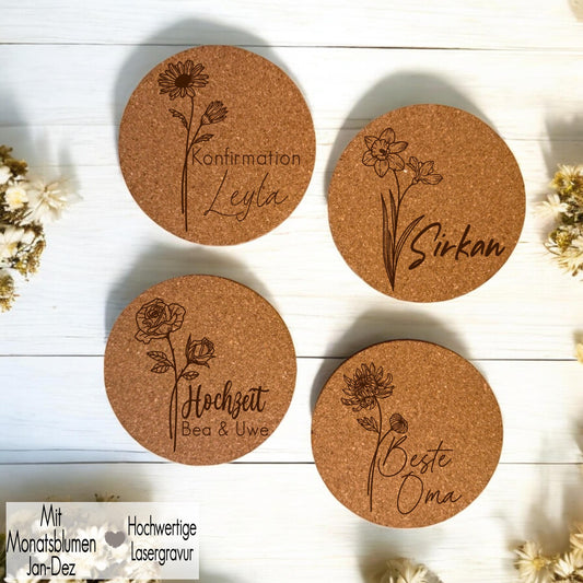 Kork Untersetzer für Gläser personalisiert Gravur Glasuntersetzer Kommunion Taufe Namensschild Platzkarte Hochzeit Gastgeschenk Monatsblumen