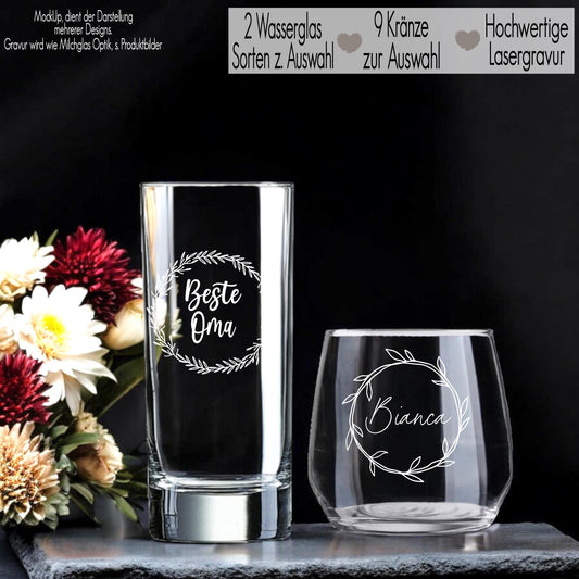 Trinkglas mit Gravur personalisiert Blumen Kranz Wasserglas Geschenkidee Freundin Geschenk Frauen Mama Geburtstag Hochzeit Erzieherin Blumen Kranz Floral Wreath BEste Oma Geschenk Erzieher Geschenk Abschiedsgeschenk