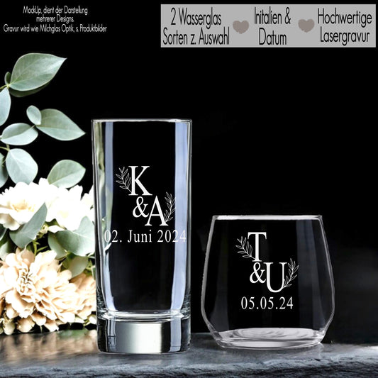 Trinkglas mit Gravur Initalien Datum personalisiert Wasserglas Monogramm Geschenkidee Hochzeit Geschenk Einzug Geburtstagsgeschenk Paare