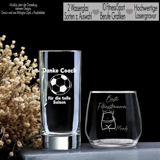 Trinkglas mit Gravur für Sport Berufe Wasserglas personalisiert Geschenkidee Trainer Fußball Fitness Handball Geschenk Frauen Männer Yoga BEste Fitnesstrainerin Yoga Lehrer Fußballer co