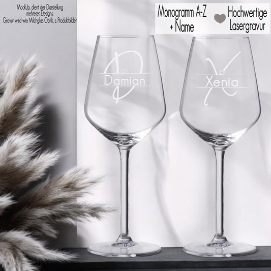 Weinglas personalisiert mit Gravur Name & Monogramm Herz Inital