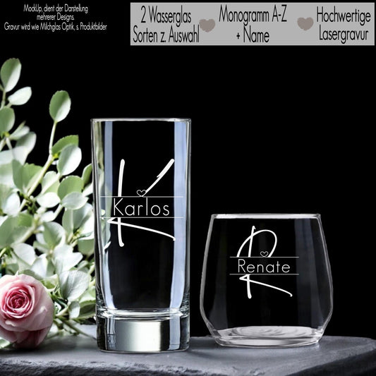 Trinkglas mit Gravur Name & Monogramm personalisiert Wasserglas Saft Geschenkidee Freundin Geschenk Frauen Mama Geburtstag Hochzeit Familie