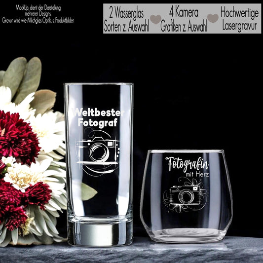 Trinkglas mit Gravur Name Wunschtext Kamera Wasserglas personalisiert Geschenkidee für Fotografen Dienstleister Hochzeit Baby Fotografie