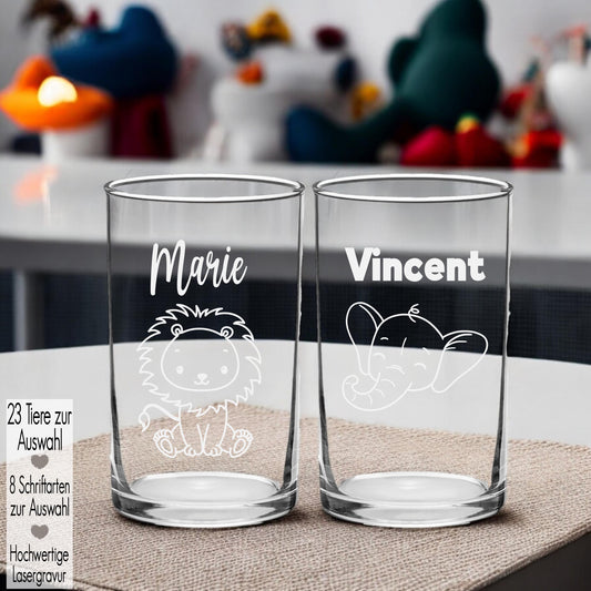 Kindertrinkglas mit Gravur Name Motiv personalisiertes Kinderglas Geschenkidee für Jungen Mädchen zum Geburtstag Weihnachten Tiere Woodland