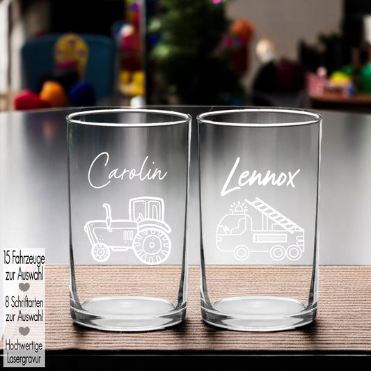 Kindertrinkglas mit Gravur Name Motiv personalisiertes Kinderglas Geschenkidee für Jungen Mädchen zum Geburtstag Fahrzeuge Traktor Flugzeug