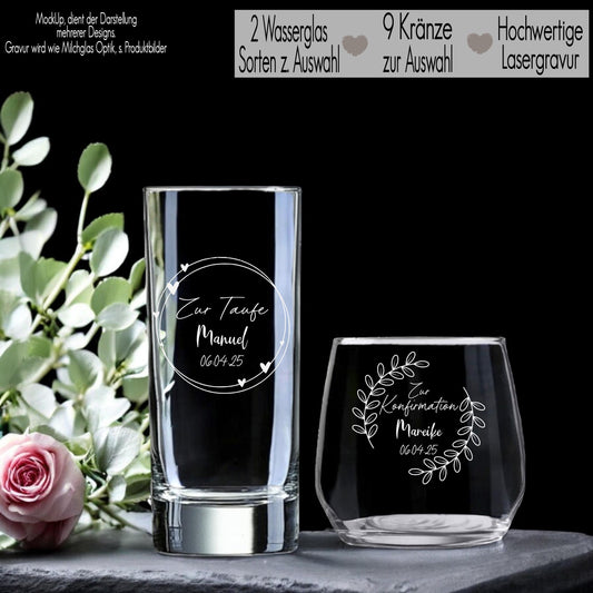 Trinkglas mit Gravur Gastgeschenk Konfirmation Kommunion mit Name personalisiert Wasserglas Geschenkidee zur Taufe für Jungen Mädchen Kränze