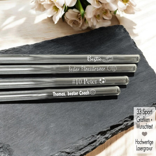 Glas Strohhalme personalisiert Sport Fitness Trainer Geschenkidee mit Namen Wunschtext | Trinkhalm mit Gravur Glashalm Handball Fußball