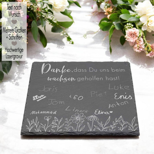 Große Schieferplatte mit Gravur Schild | Abschiedsgeschenk Kindergarten Kita Schule Rustikal mit Blumen und Namen Kinder Tafel Wildblumen