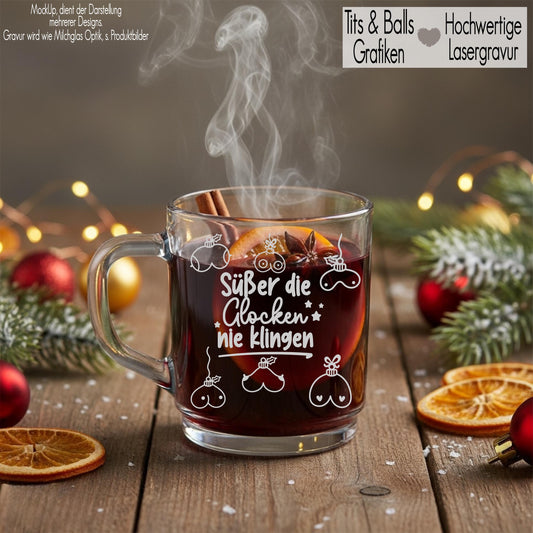Glastasse mit Henkel Trinklgas Gravur personalisiert Name | Glasbecher Glühwein Kaffee Tee Tasse | Tits Christmas Balls Weihnachtsgeschenk