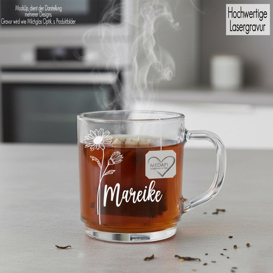 Glastasse mit Henkel Teeglas mit Gravur personalisiert Geburtsblume & Name | Glasbecher Kaffee | Weihnachtsgeschenk Geschenkidee Freundin