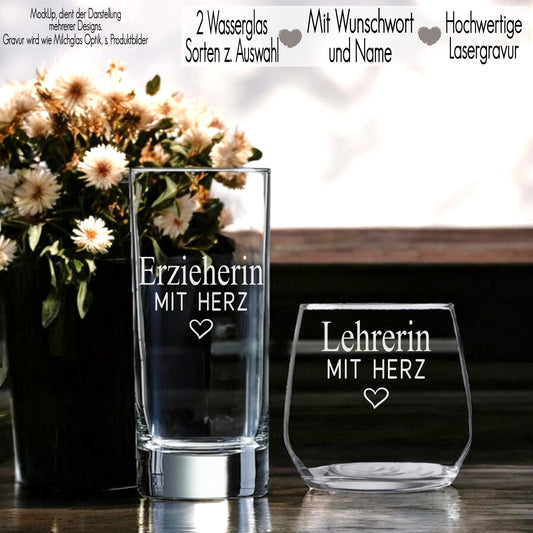 Trinkglas mit Gravur Erzieherin mit Herz Wasserglas personalisiert | Geschenkidee Lehrer Abschied Kita Schule Hebamme