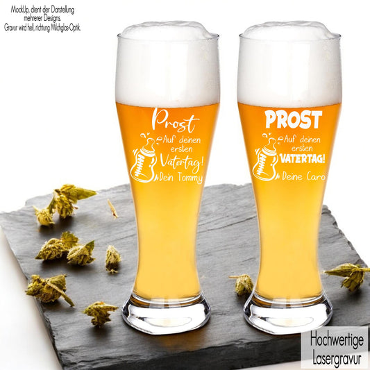 Weizenglas mit Gravur personalisiert mit Name Prost Papa auf deinen ersten Vatertag | Geschenkidee Papa Männer Bierglas Vatertagsgeschenk