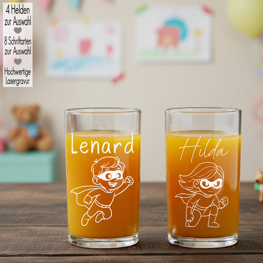 Kindertrinkglas mit Gravur Name Motiv personalisiertes Kinderglas Geschenkidee für Jungen Mädchen zum Geburtstag Superhelden Action Heros