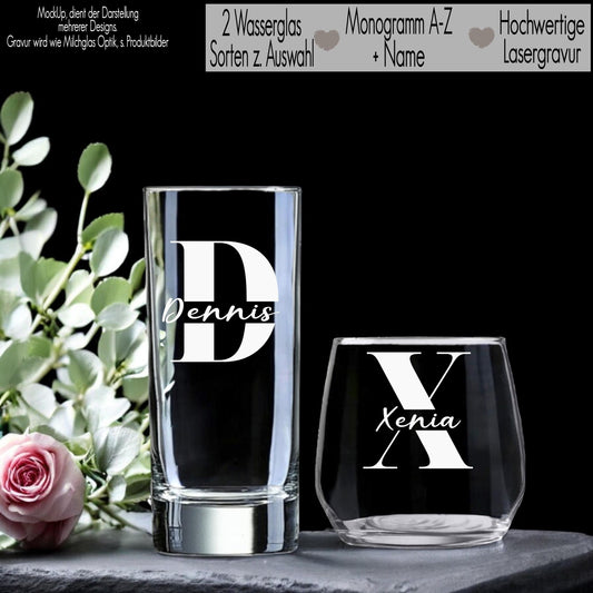 Trinkglas mit Gravur Name & Monogramm Wasserglas personalisiert Geschenkidee Freundin Geschenk Frauen Männer Partner Geburtstag Familie