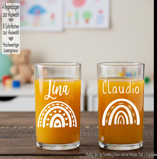 Kindertrinkglas mit Gravur Name Motiv personalisiertes Kinderglas Geschenkidee für Jungen Mädchen zum Geburtstag Regenbogen Herz
