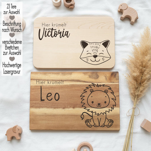 Holz Vesperbrett Kind personalisiert mit Name | Frühstücksbrett mit Gravur | Geschenk Junge Mädchen Geburtstag Schneidebrett Tiere Woodland