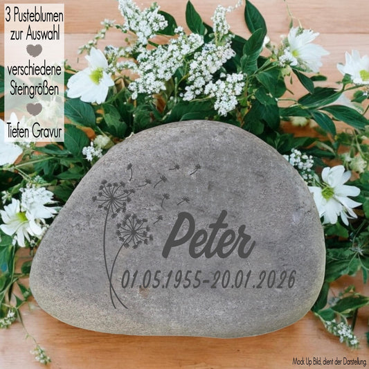 Gedenkstein mit Gravur Grabschmuck Natur Trauerstein Andenken Memorial Name Trauerdeko Urnengrab Grabstein Stein Seebestattung Pusteblume