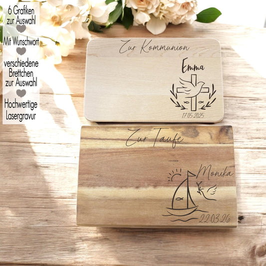 Schneidebrett für Taufe mit Name Grafik | Konfirmation Kommunion Geschenkidee Holzbrett Gravur | Brotzeitbrett Vesperbrett Paten Taube Kreuz