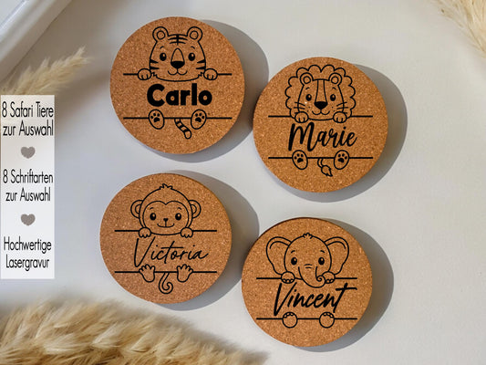 Kork Untersetzer für Gläser personalisiert Gravur Kinder Glasuntersetzer Taufe Gastgeschenk Mitgebsel Geburtstag Platzkarte Waldtiere Bär