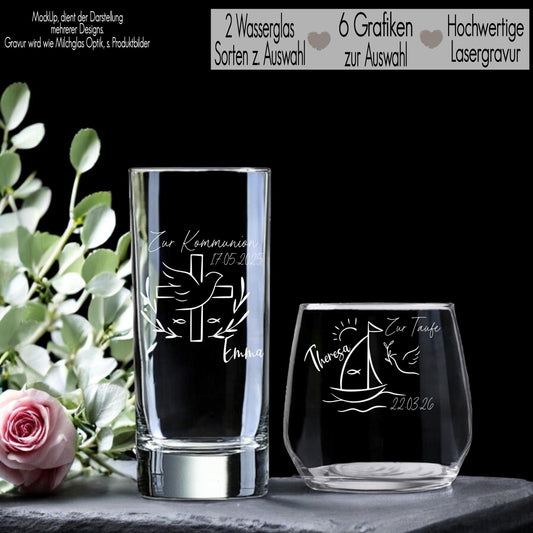 Trinkglas mit Gravur Gastgeschenk Konfirmation Kommunion mit Name personalisiert Wasserglas Geschenkidee zur Taufe für Jungen Mädchen Kränze