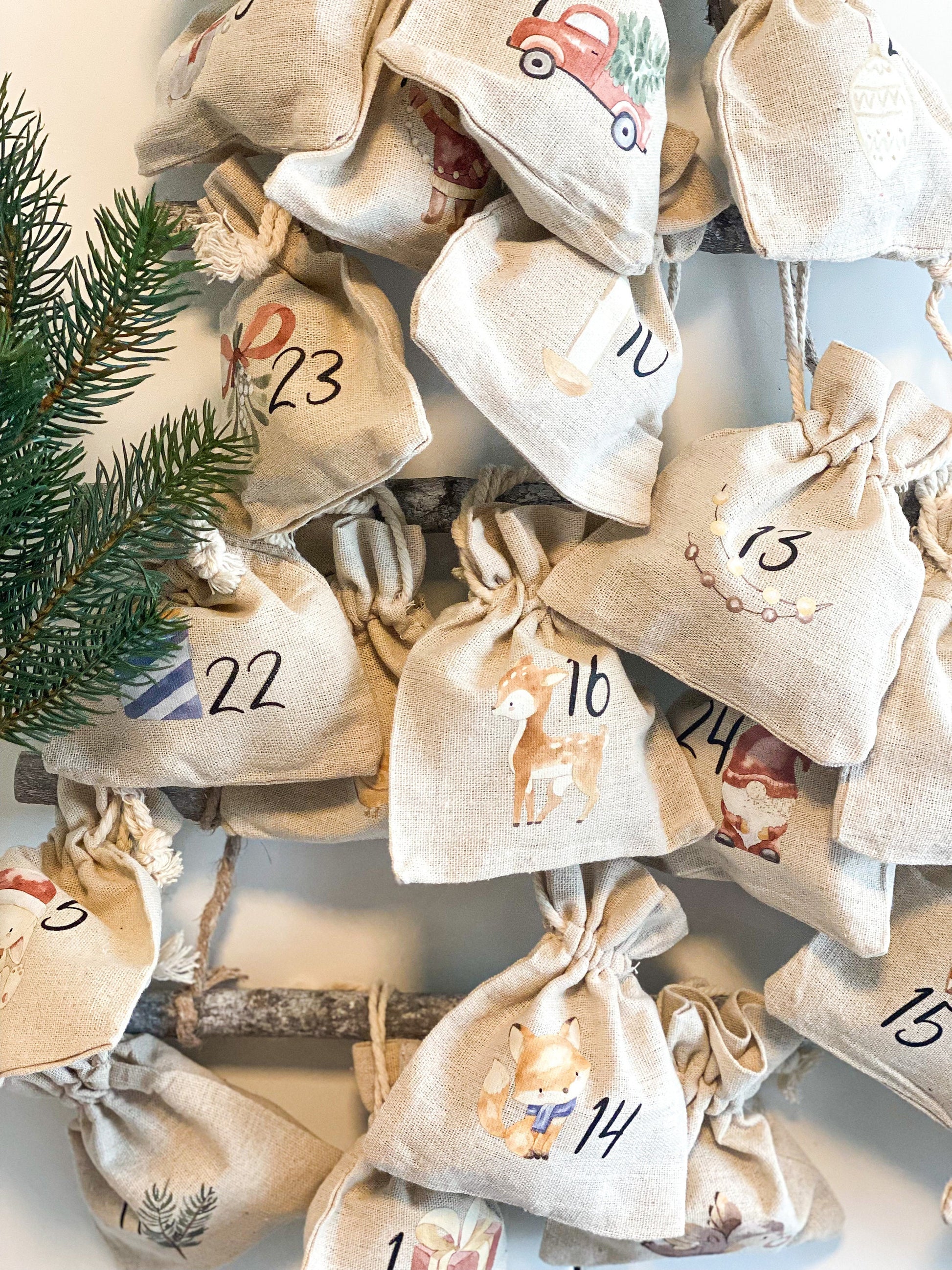 Viele Designs Adventskalender personalisiert Kinder | Säckchen Leinen Stoff zum befüllen |Weihnachtsgeschenk DIY Advent Weihnachten Kalender