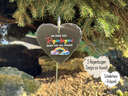 Grabstecker aus Schiefer | Schieferherz mit Erdspieß | Grabschmuck Grabdeko Trauerdeko | Trauergeschenk Oma Mama Opa Papa Baby Sternenkind Regenbogen bunt