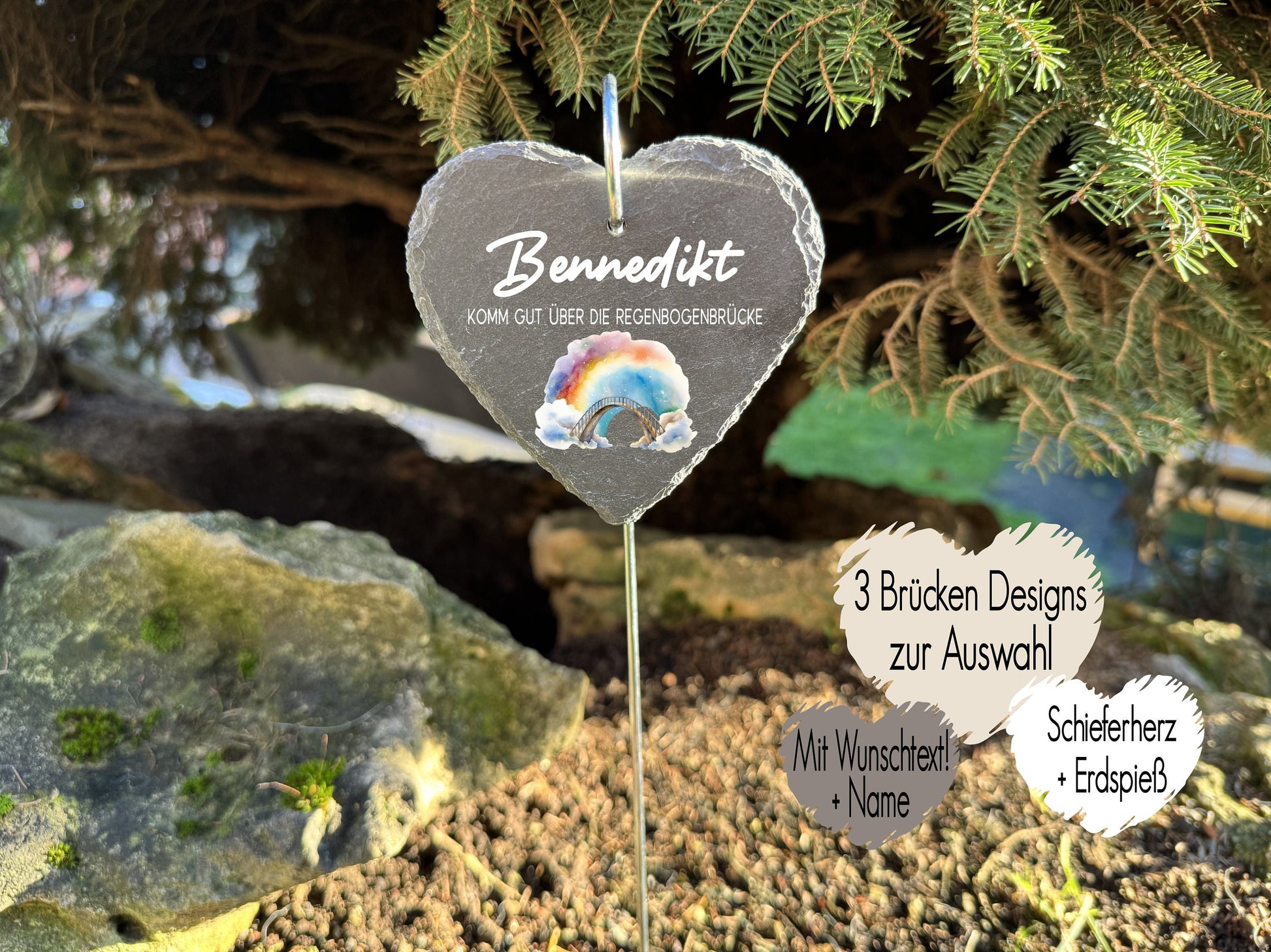 Grabstecker aus Schiefer | Schieferherz mit Erdspieß | Grabschmuck Grabdeko Trauerdeko | Trauergeschenk Oma Mama Opa Papa Baby Sternenkind Regenbogenbrücke Brücke zum Himmel