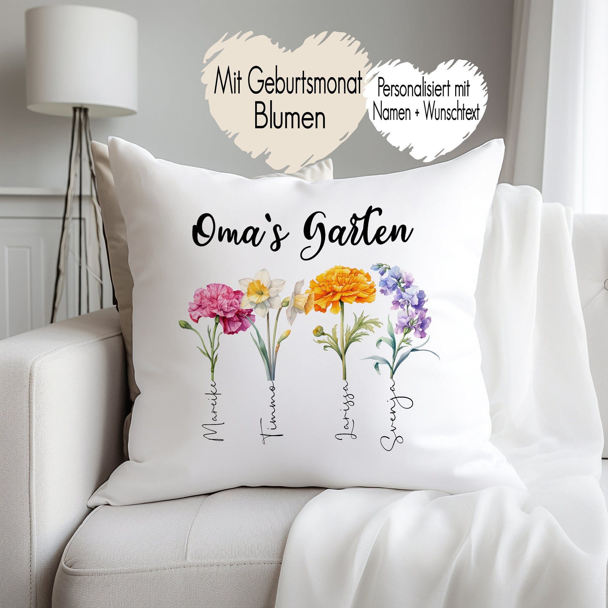 Deko Kissen Omas Garten Geburtsmonat Blumen mit Namen personalisiert | Kinder Enkel Namenskissen Geschenk Oma Mama | Muttertagsgeschenk