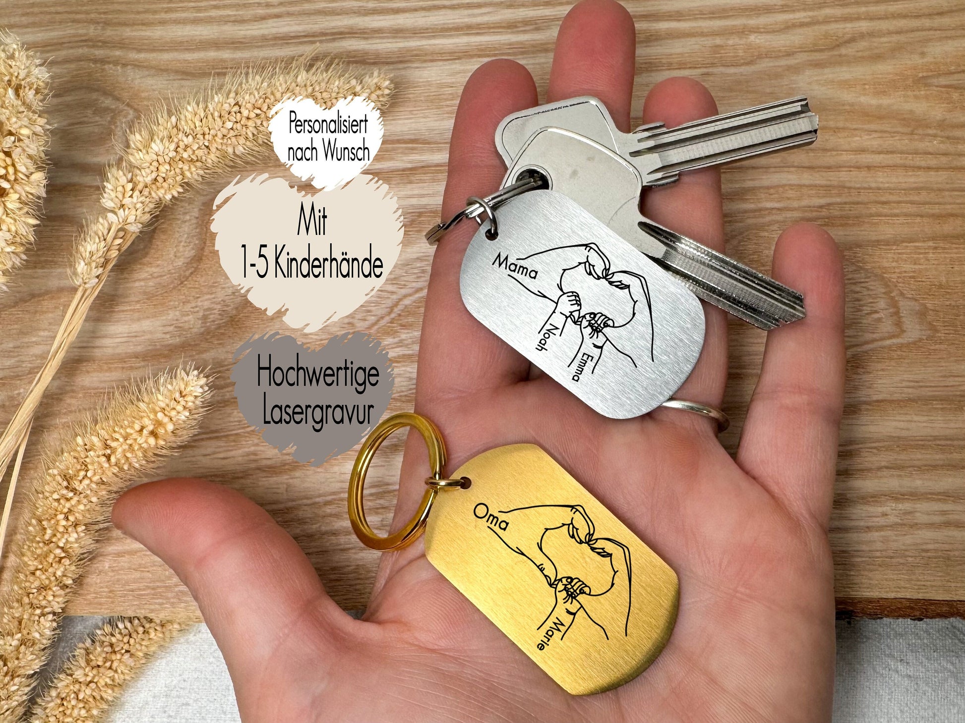 Schlüsselanhänger personalisiert Mama Oma Herz Hand Kinderhände  | Anhänger mit Namen Baby Kinder | Gravur auf Edelstahl Familienanhänger