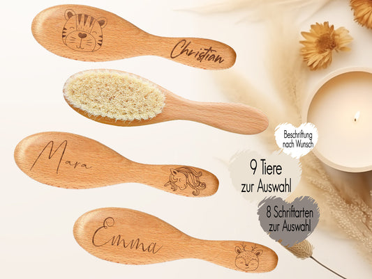 Babyhaarbürste aus Holz personalisiert mit Name | Lasergravur | Geschenk zur Taufe, Geburt | Babybürste mit Namen Tiere Löwe Tiger Reh