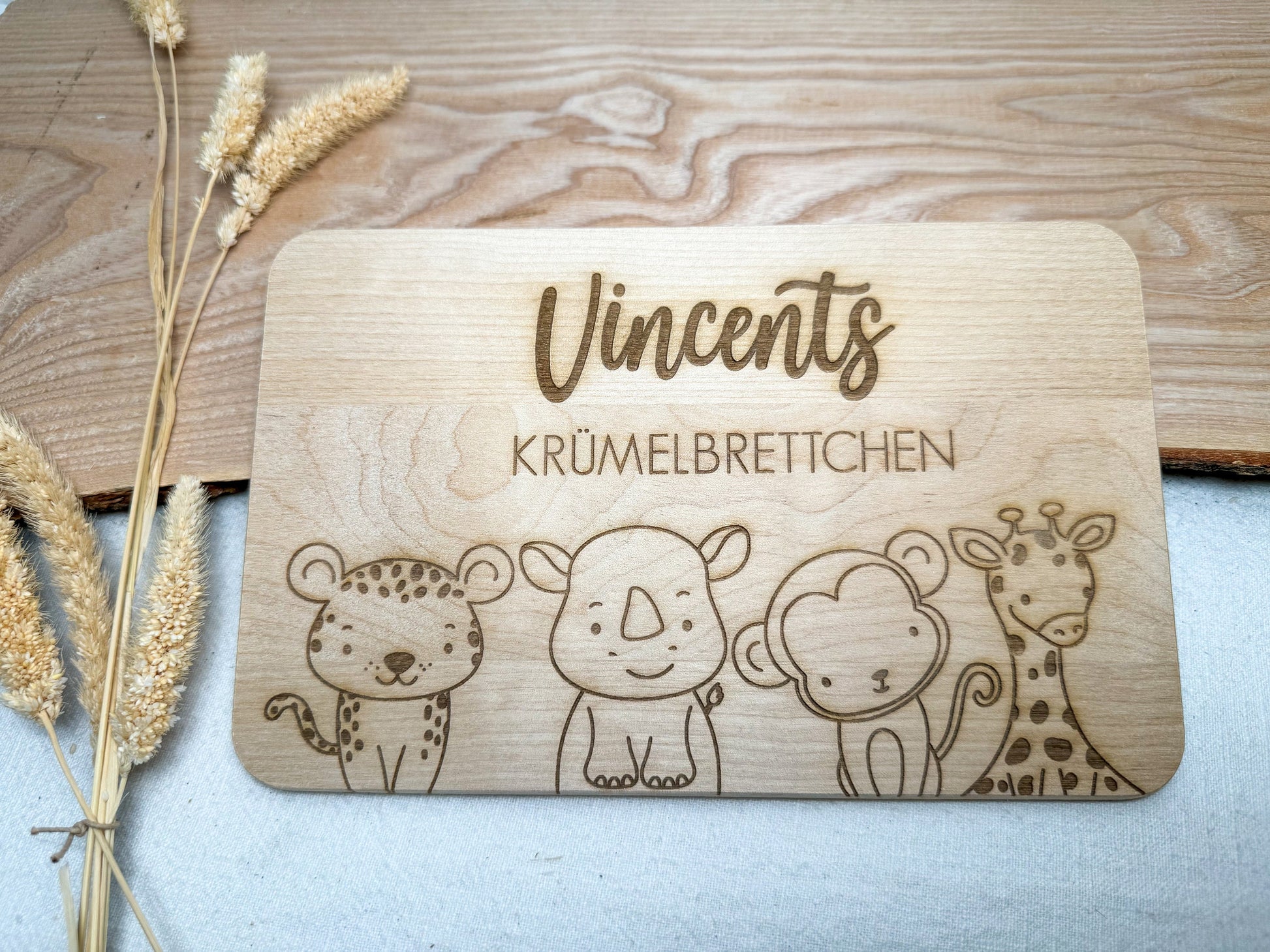 Frühstücksbrett personalisiert mit Name Wunschtext | Holzbrett Lasergravur | Geschenk Geburt Babygeschenk Taufe Vesperbrett | Tiere Safari