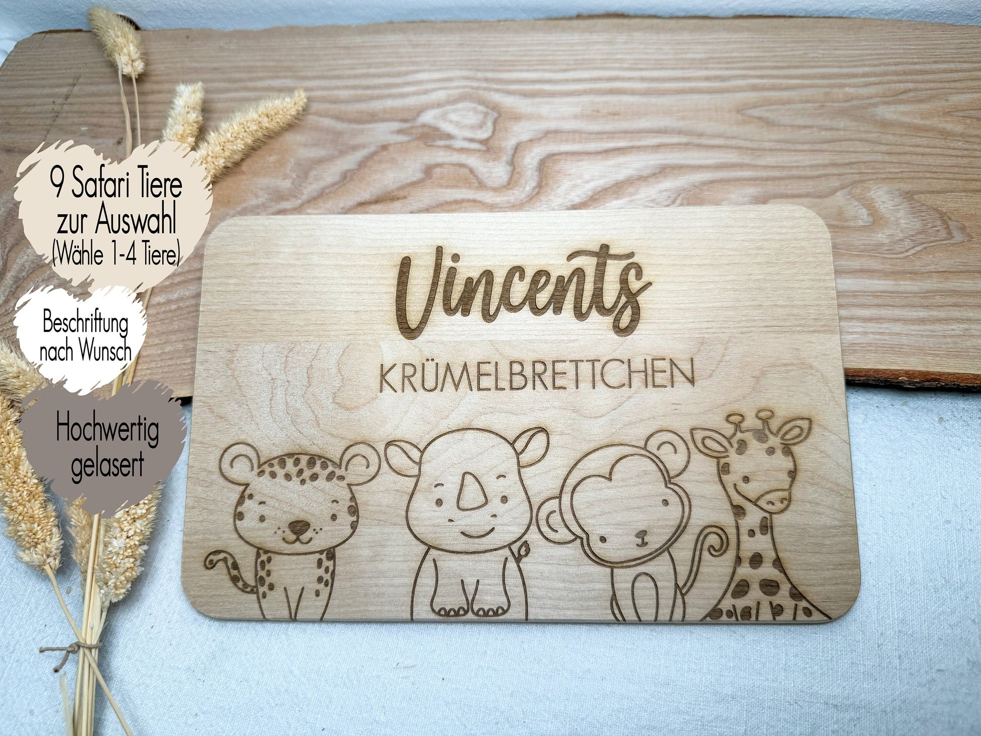 Frühstücksbrett personalisiert mit Name Wunschtext | Holzbrett Lasergravur | Geschenk Geburt Babygeschenk Taufe Vesperbrett | Tiere Safari Tiger Giraffe Zebra Nashorn Elefant Löwe Krokodil Affe