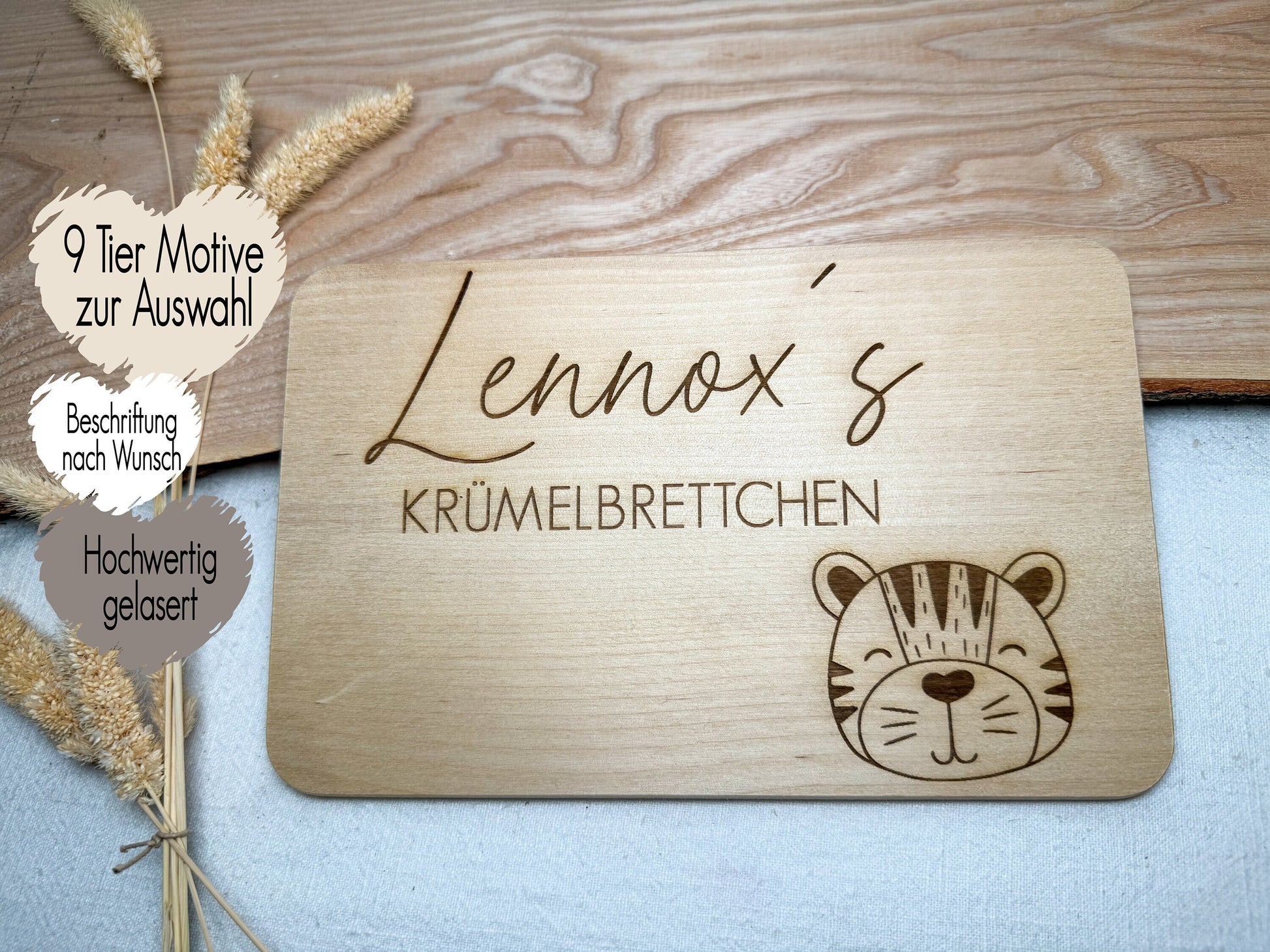 Frühstücksbrett personalisiert mit Name Wunschtext | Holzbrett Lasergravur | Geschenk Geburt Babygeschenk Taufe Vesperbrett | Tiere Cute Reh Fuchs Katze Giraffe Löwe Tiger Bär Elefant Einhorn