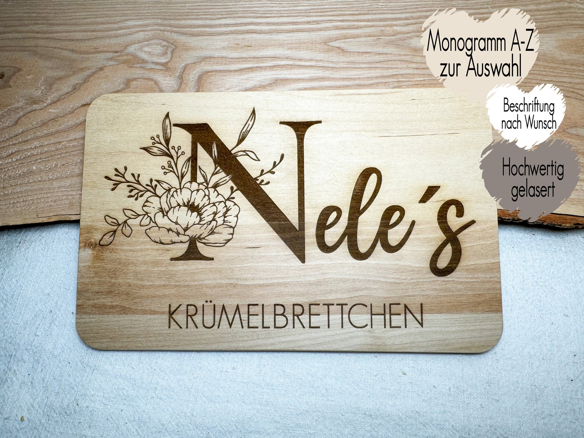 Frühstücksbrett personalisiert mit Name Wunschtext | Holzbrett Lasergravur | Geschenk Geburt Babygeschenk Taufe Vesperbrett | Monogram Blume Peony Pfingstrose Alphabet